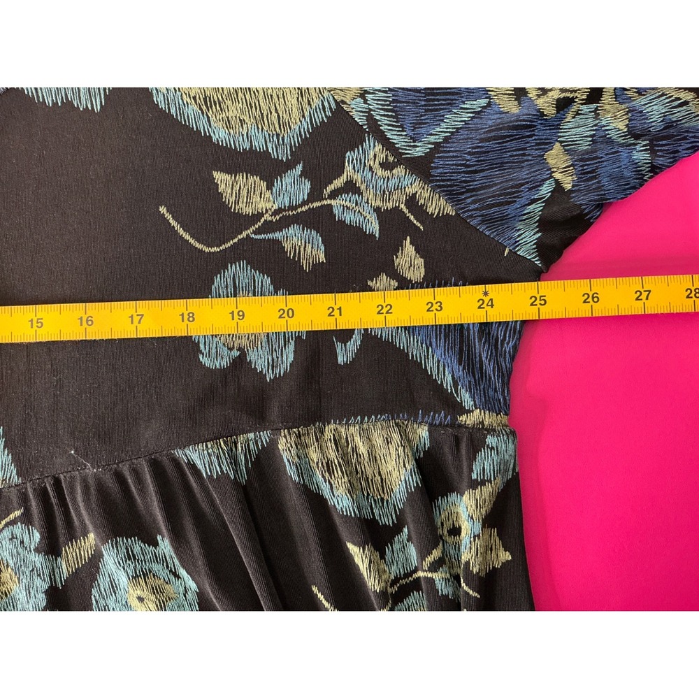 Fiber Arts Womens Liquid Knit Black Blue Dark Floral Blouse Est Sz 3X‎ Flowy - Picture 11 of 11